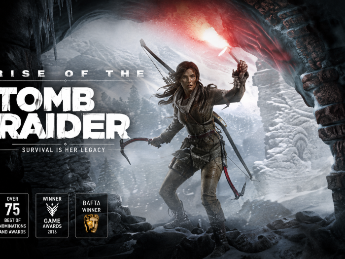 Rise of the Tomb Raider game artwork featuring Lara Croft exploring a snowy mountain environment with a bow and climbing axe.