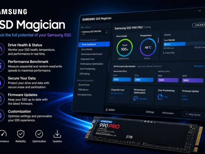 Samsung SSD Magician software dashboard showing SSD health, performance monitoring, optimization tools, and a Samsung 990 PRO SSD.