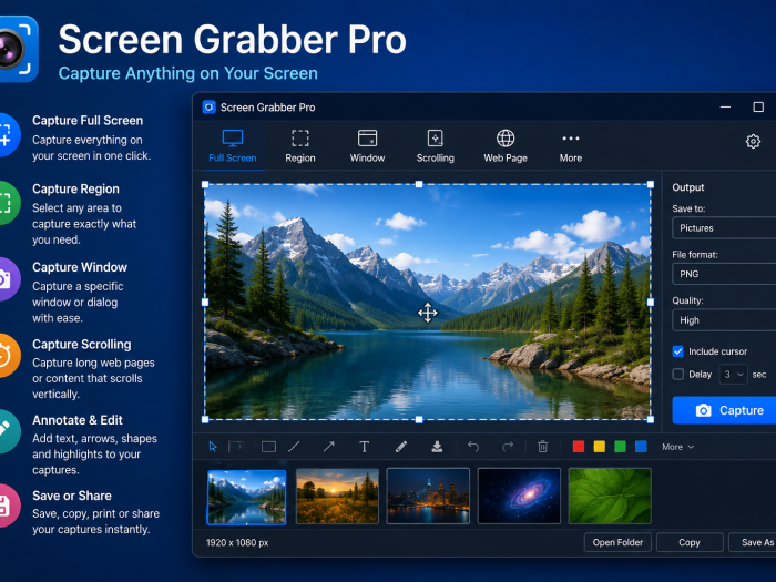 Screen Grabber Pro interface showing full-screen, region, window, scrolling, and web page capture tools with image editing and annotation features.