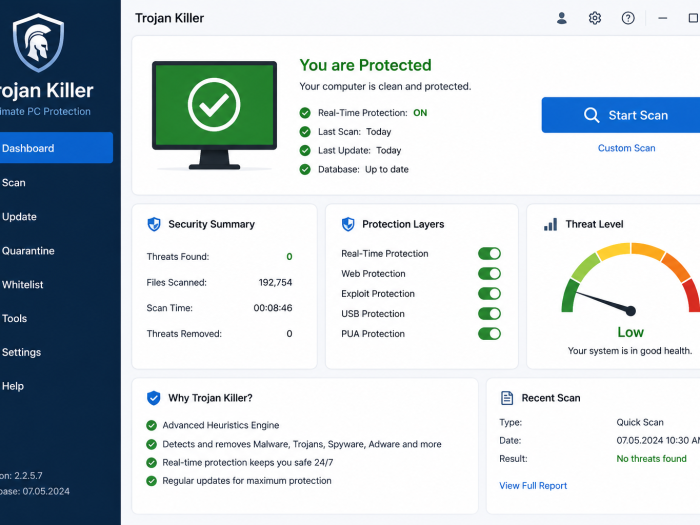 Trojan Killer security dashboard showing real-time protection, threat scanning, quarantine, security layers, and system protection status.