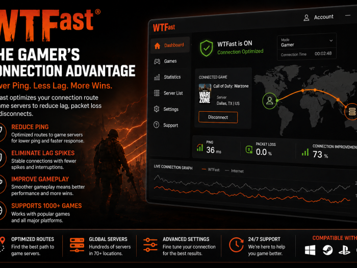 WTFast gaming software designed to reduce ping, minimize lag, and optimize online gaming connections