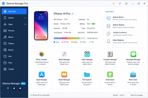 iDevice Manager Pro interface showing iPhone device management, backup, media transfer, and file management tools