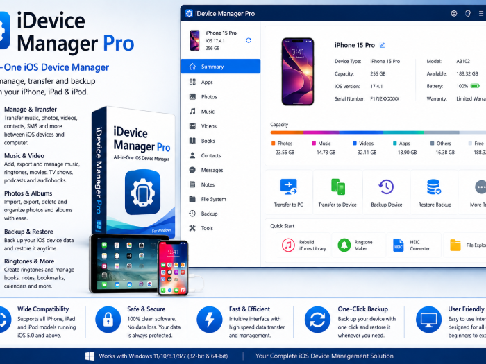 iDevice Manager Pro feature image showing the iOS device management interface, iPhone and iPad devices, data transfer, photo and music management, backup, and restore tools.