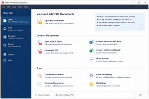 ABBYY FineReader Corporate Windows interface showing PDF viewing, OCR conversion, Word and Excel export, document comparison, batch processing, and automation tools.