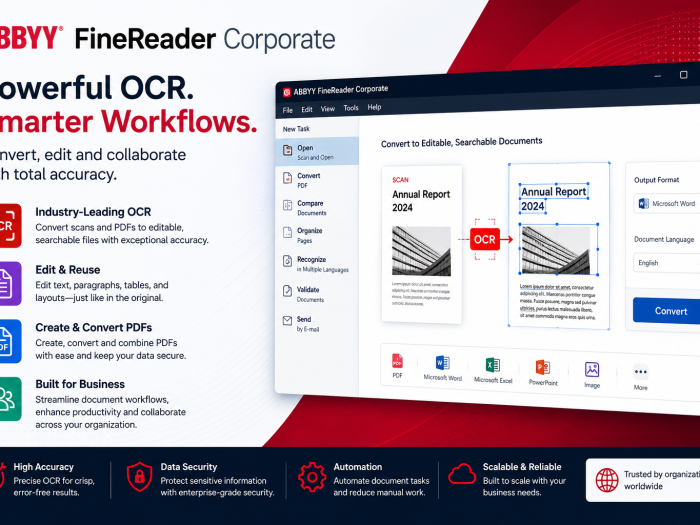 ABBYY FineReader Corporate feature image showing OCR document conversion, PDF tools, document editing, and business workflow features.