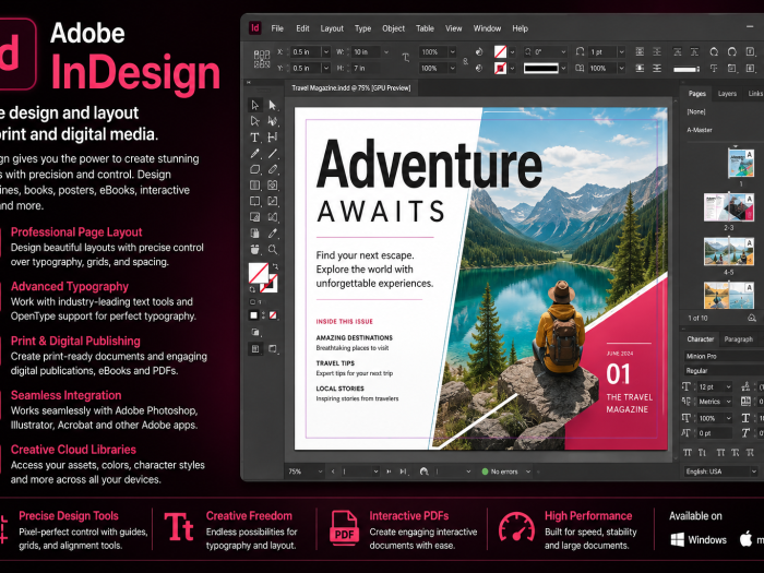 Adobe InDesign software for professional page layout, typography, print design, and digital publishing