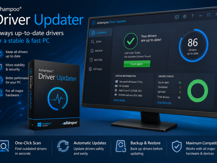 Ashampoo Driver Updater feature image showing the driver management interface, product box, and tools for scanning, updating, backing up, and restoring drivers.