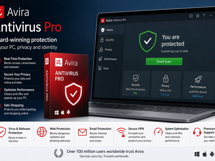 Avira Antivirus Pro feature image showing the antivirus dashboard, laptop interface, security protection, privacy tools, and system optimization features.