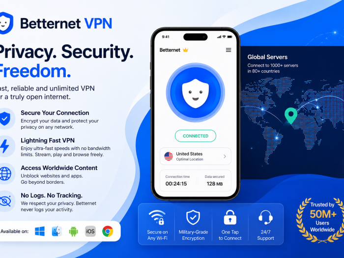 Betternet VPN feature image showing a secure VPN connection, smartphone app interface, global servers, privacy protection, fast speeds, and cross-platform support.