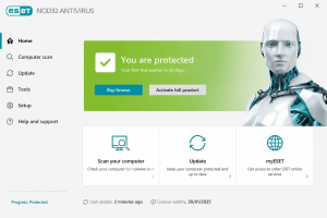 ESET NOD32 Antivirus desktop interface showing the “You are protected” security status and scanning, update, and myESET options