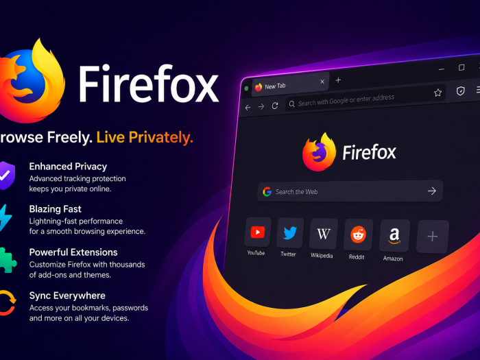 Firefox browser feature image showing the Firefox logo, privacy protection, fast performance, extensions, sync features, and a dark-mode browser interface.