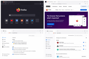 Four Firefox browser screenshots showing the New Tab page, Firefox website, Settings panel, and Add-ons Manager.
