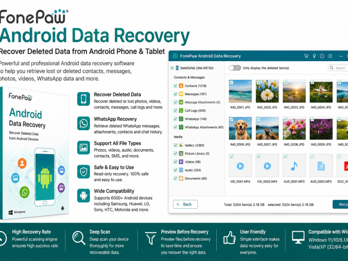 FonePaw Android Data Recovery software for recovering deleted photos, videos, contacts, messages, and WhatsApp data