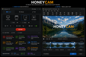 Honeycam screenshot collage showing the main recording interface and video editor with screen capture, GIF creation, trimming, text editing, and media controls.