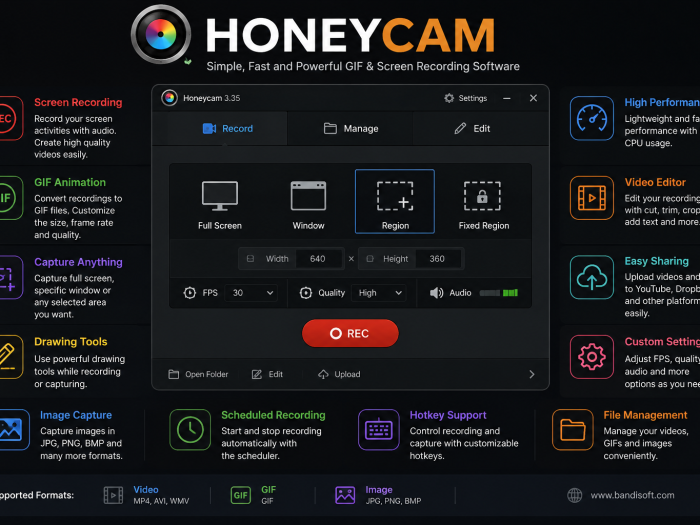 Honeycam screen recording software featuring GIF creation, screen capture, video editing, drawing tools, scheduled recording, hotkeys, and file management.