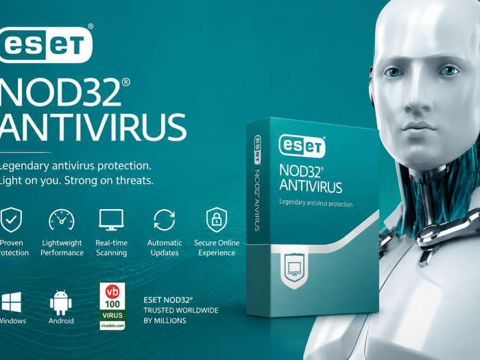 ESET NOD32 Antivirus feature image with a futuristic security robot and antivirus product box