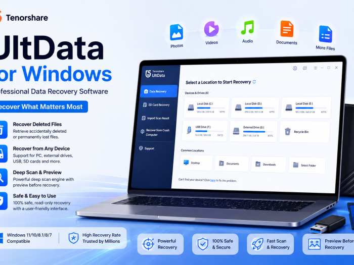 Tenorshare UltData for Windows data recovery software with file recovery tools and device scanning interface
