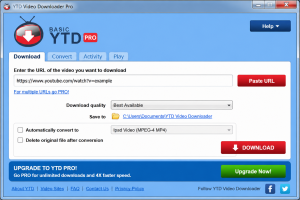 YTD Video Downloader Pro interface showing the Download tab with a YouTube URL field, download quality options, save location, conversion settings, and a prominent Download button.