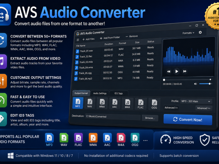 AVS Audio Converter feature banner showing audio conversion software with support for 50+ formats, audio extraction, customizable output settings, batch conversion, and ID3 tag editing.
