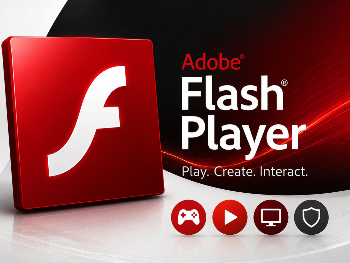 Adobe Flash Player software logo with red and black promotional design