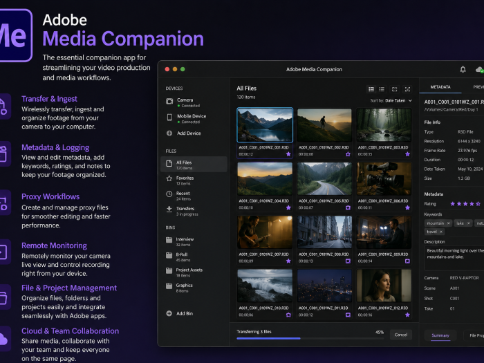 Adobe Media Companion featuring media transfer, metadata management, proxy workflows, remote monitoring, and file organization tools.
