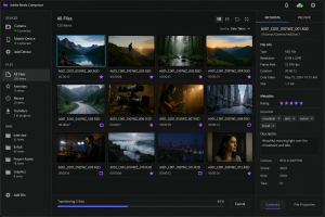Adobe Media Companion screenshot showing media files, connected devices, metadata details, file organization, and transfer progress.