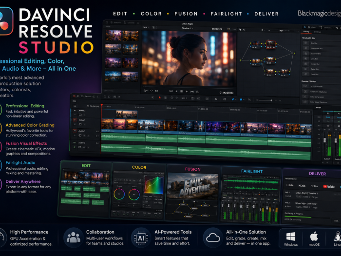 DaVinci Resolve Studio featuring professional video editing, advanced color grading, Fusion visual effects, Fairlight audio, and video delivery tools.