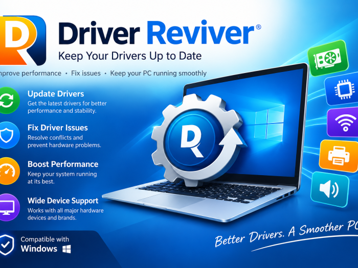 Driver Reviver software featuring driver updates, issue fixes, performance optimization, and Windows compatibility.