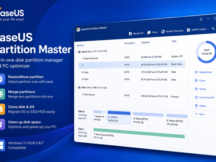 EaseUS Partition Master disk management software showing partition resizing, merging, cloning, and disk optimization tools.