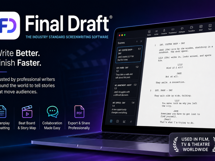 Final Draft screenwriting software feature image showing screenplay formatting tools, story mapping, collaboration, and a professional script interface on a laptop.