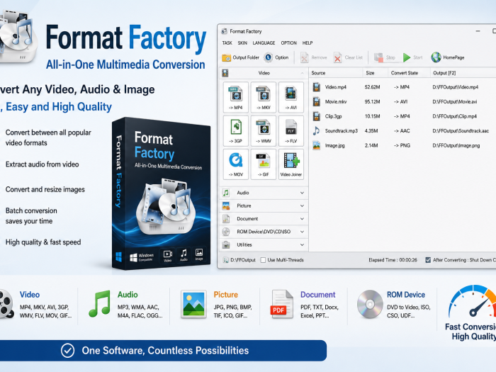 Format Factory feature image showing the multimedia conversion interface, product box, and video, audio, image, document, and batch conversion features.