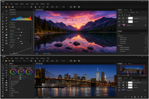 Iris photo editing software screenshots showing image adjustments, color balance, curves, effects, and layers