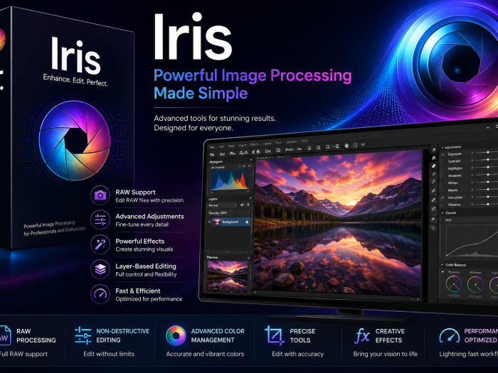 Iris image editing software with advanced photo processing tools and colorful image workspace