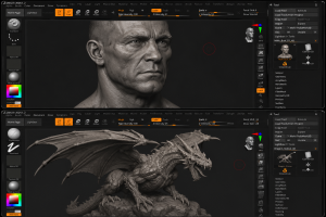 Pixologic ZBrush digital sculpting interface showing detailed 3D character and dragon models