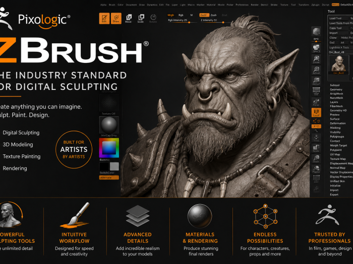 Pixologic ZBrush digital sculpting software with detailed 3D character modeling interface