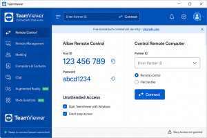 TeamViewer remote control software interface showing remote access and partner connection options