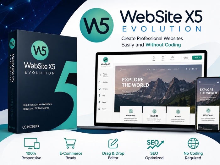 WebSite X5 Evolution website builder software with responsive design and drag-and-drop editor