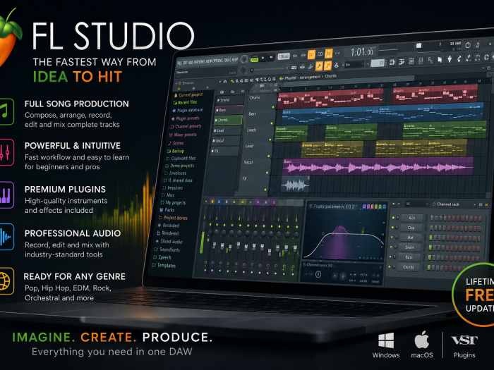 FL Studio feature banner showing music production software on a laptop, with tools for composing, recording, arranging, mixing, professional audio, plugins, and multi-genre music production.