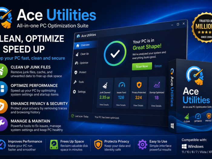 Ace Utilities feature banner showing PC optimization software with tools for cleaning junk files, improving performance, protecting privacy, and maintaining Windows PCs.