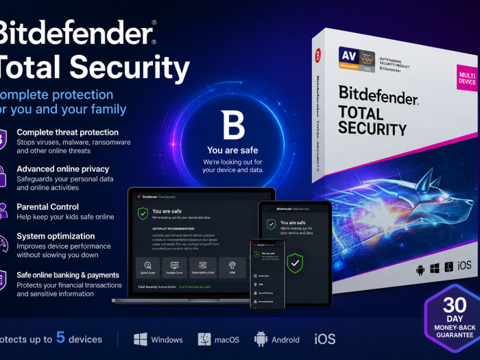 Bitdefender Total Security feature banner showing multi-device protection across laptop, tablet, and smartphone, with antivirus, privacy, parental controls, system optimization, and secure banking features.