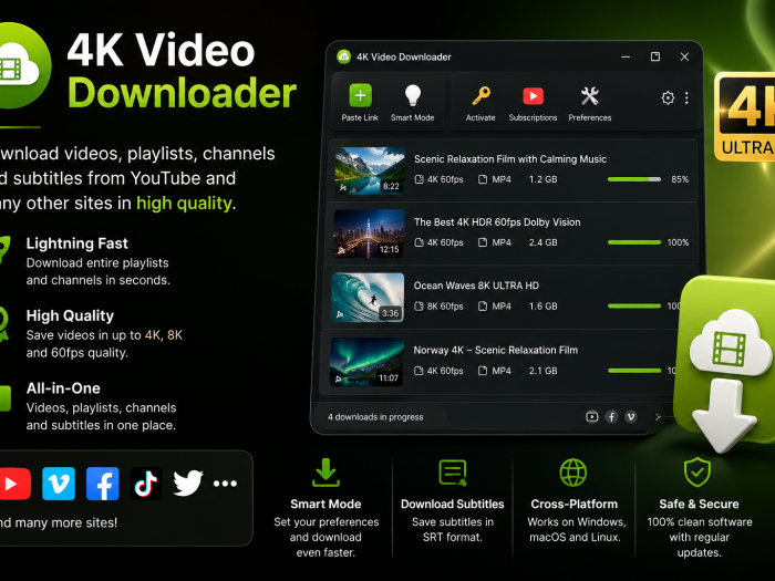 4K Video Downloader software featuring a modern dark interface, 4K Ultra HD download badge, video download progress bars, and high-quality video downloading features.