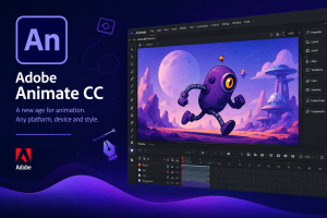 Adobe Animate CC animation software interface with a colorful animated character and timeline workspace
