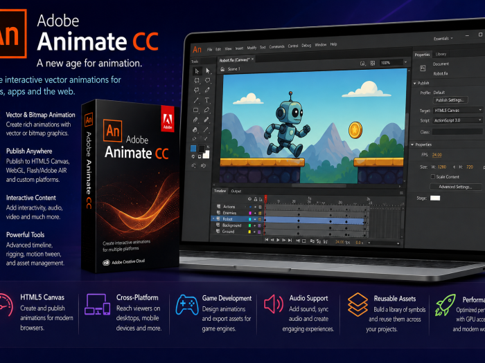 Adobe Animate CC feature image showing the animation workspace, product box, vector animation tools, timeline, and HTML5 publishing features.