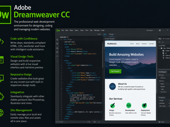 Adobe Dreamweaver CC web design and development software featuring code editing, visual design, responsive layouts, and live website preview.