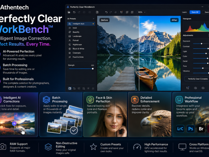 Athentech Perfectly Clear WorkBench featuring AI image correction, batch processing, portrait enhancement, detail recovery, RAW support, and professional photo editing tools