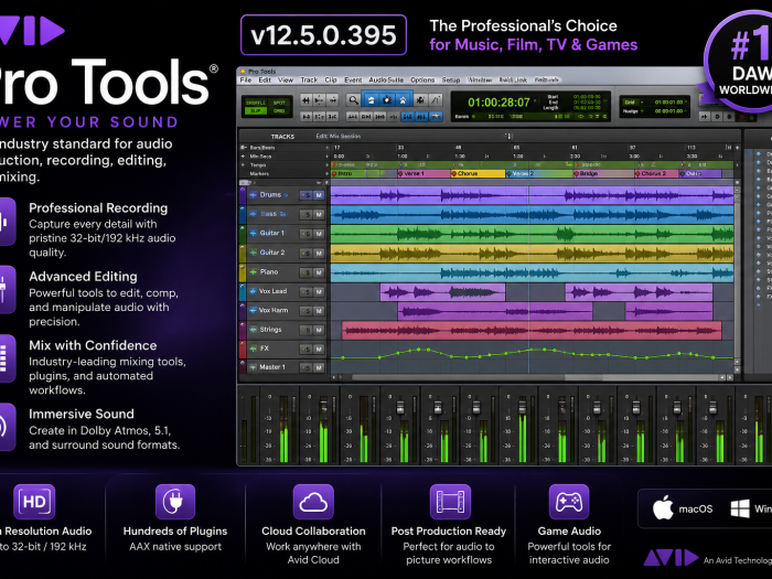 Avid Pro Tools v12.5.0.395 featuring a professional multitrack audio editing and mixing interface with recording, editing, mixing, and immersive sound tools.