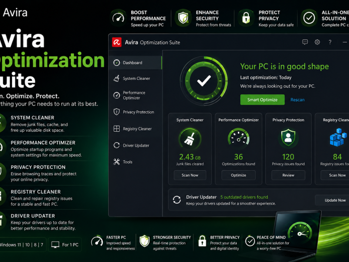 Avira Optimization Suite featuring a PC optimization dashboard with system cleaning, performance optimization, privacy protection, registry cleaning, and driver update tools.