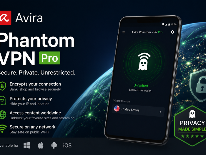 Avira Phantom VPN Pro feature banner showing a secure VPN connection on a smartphone, privacy protection, encrypted browsing, worldwide access, and multi-platform support.