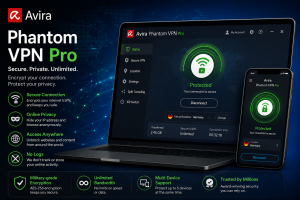 Avira Phantom VPN Pro software with secure VPN connection dashboard