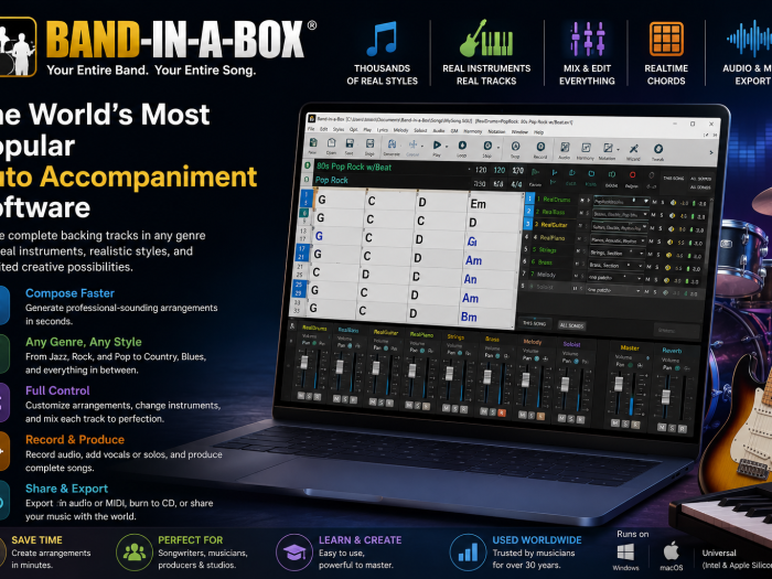 Band-in-a-Box music software featuring auto accompaniment, real instrument tracks, chord editing, mixing, recording, and audio export.